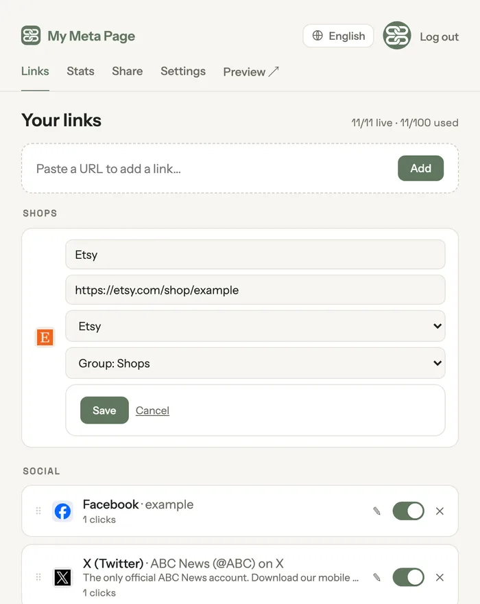 Editing a link: label, URL, type and group