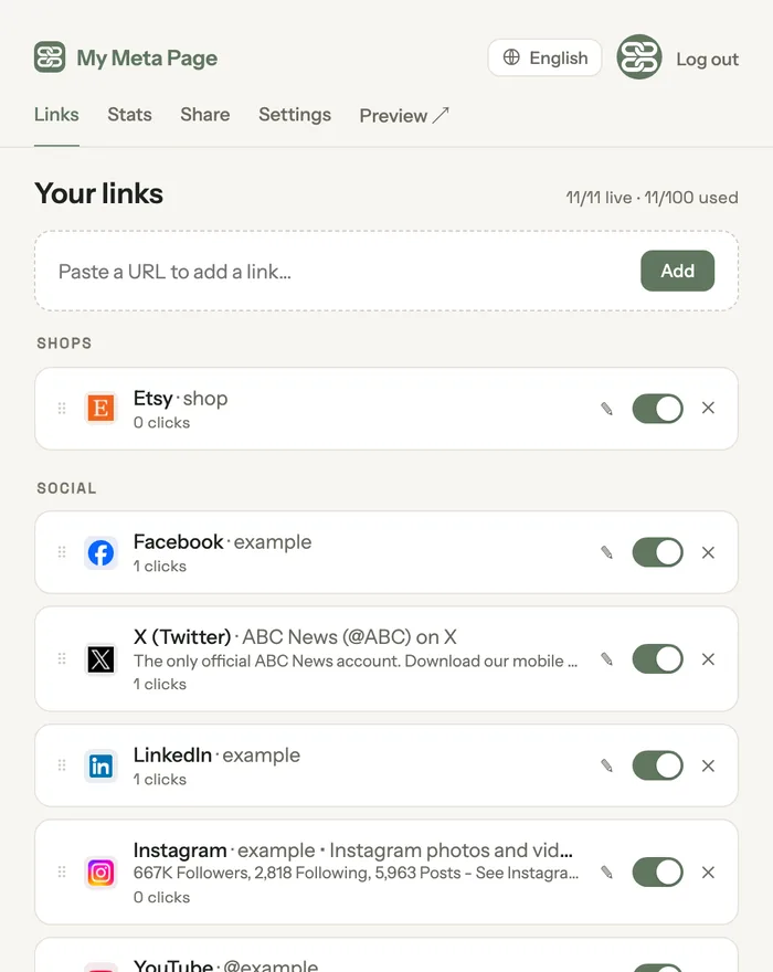 The link editor, with groups and per-link controls