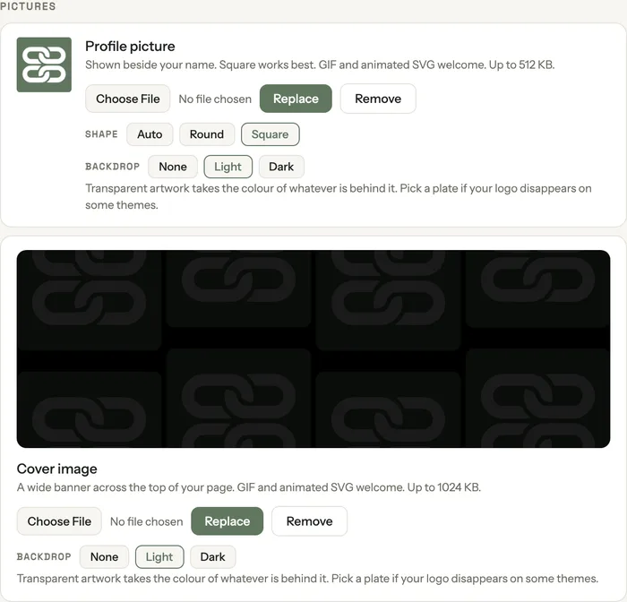 Profile picture and cover controls