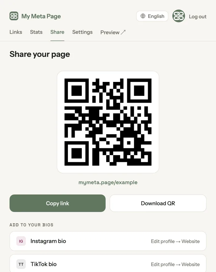 The share page, with a QR code and copy-ready link