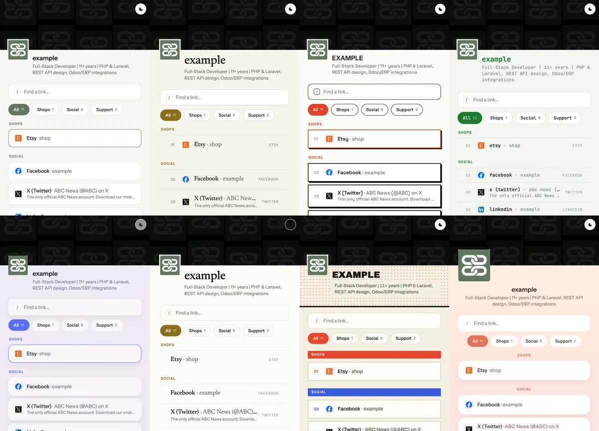 All eight themes, each shown with the same profile